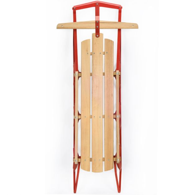 Coast Wooden and Steel Sled with Skates and Handlebar - 137x58x16 cm - Couleur rouge et bois - Pour adultes et enfants à partir de 5 ans - Capacité de charge maximale de 150 kg