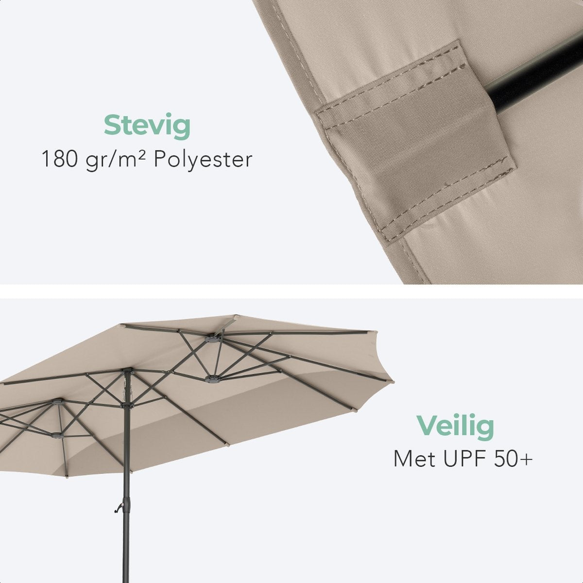 LifeGoods Parasol double - 270x460cm - jusqu'à 15 personnes - imperméable - avec housse - Taupe