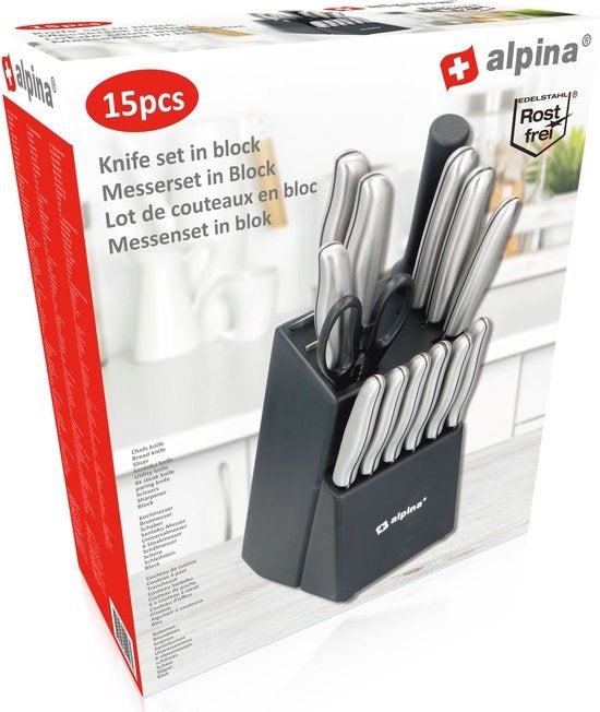alpina Set de couteaux - Bloc de couteaux - 15 pièces - acier inoxydable - Noir/Argent