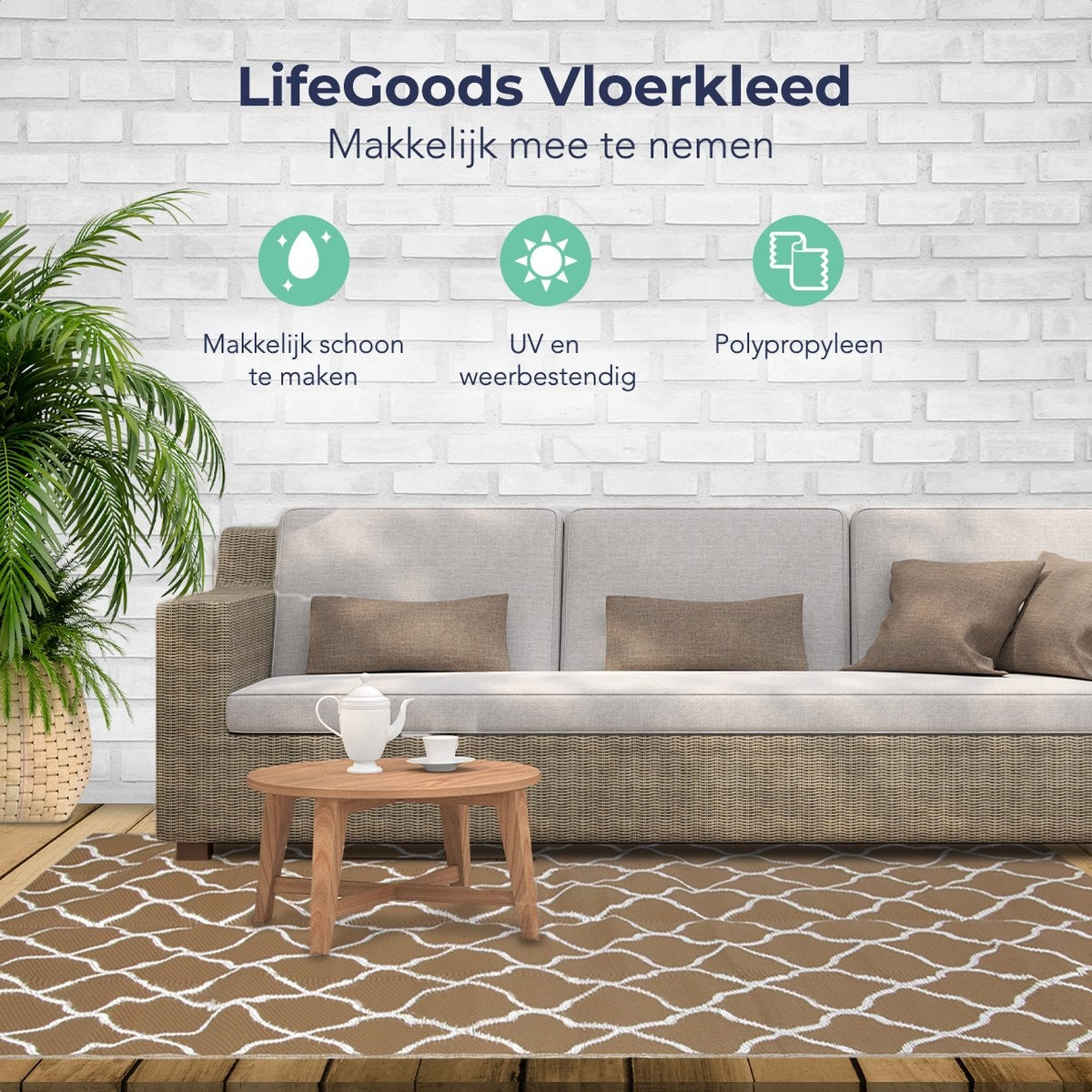 LifeGoods Tapis d'extérieur - 152x230CM - Tapis de jardin - Réversible - Sac de transport inclus - Avec motif - Beige/Blanc