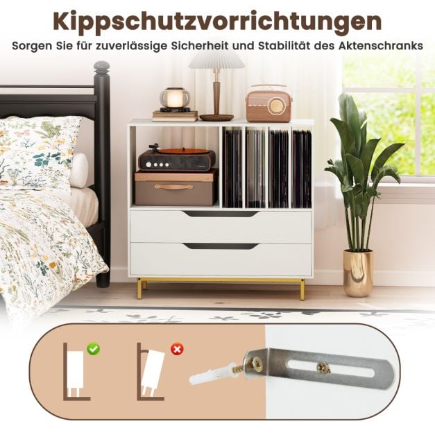 Coast Record Player Furniture White - Meuble rétro en vinyle avec 4 compartiments pour disques et 2 tiroirs - 91 x 36 x 87 cm