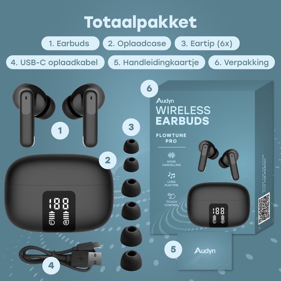 Écouteurs sans fil Audyn - Écouteurs sans fil - Réduction de bruit ANC+ENC - Bluetooth - Intra-auriculaires - Noir - FlowTune Pro