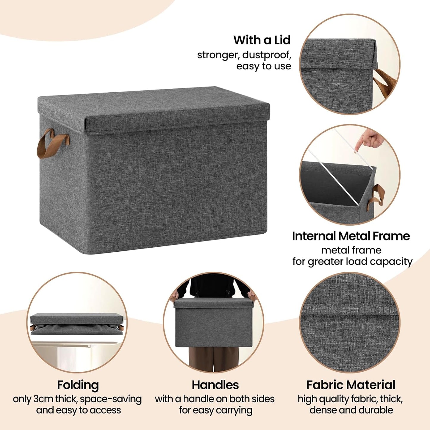WOLTU Boîte de rangement avec couvercle, lot de 3, pliable, grise, 48 x 36 x 30 cm, ABB04gbn-3
