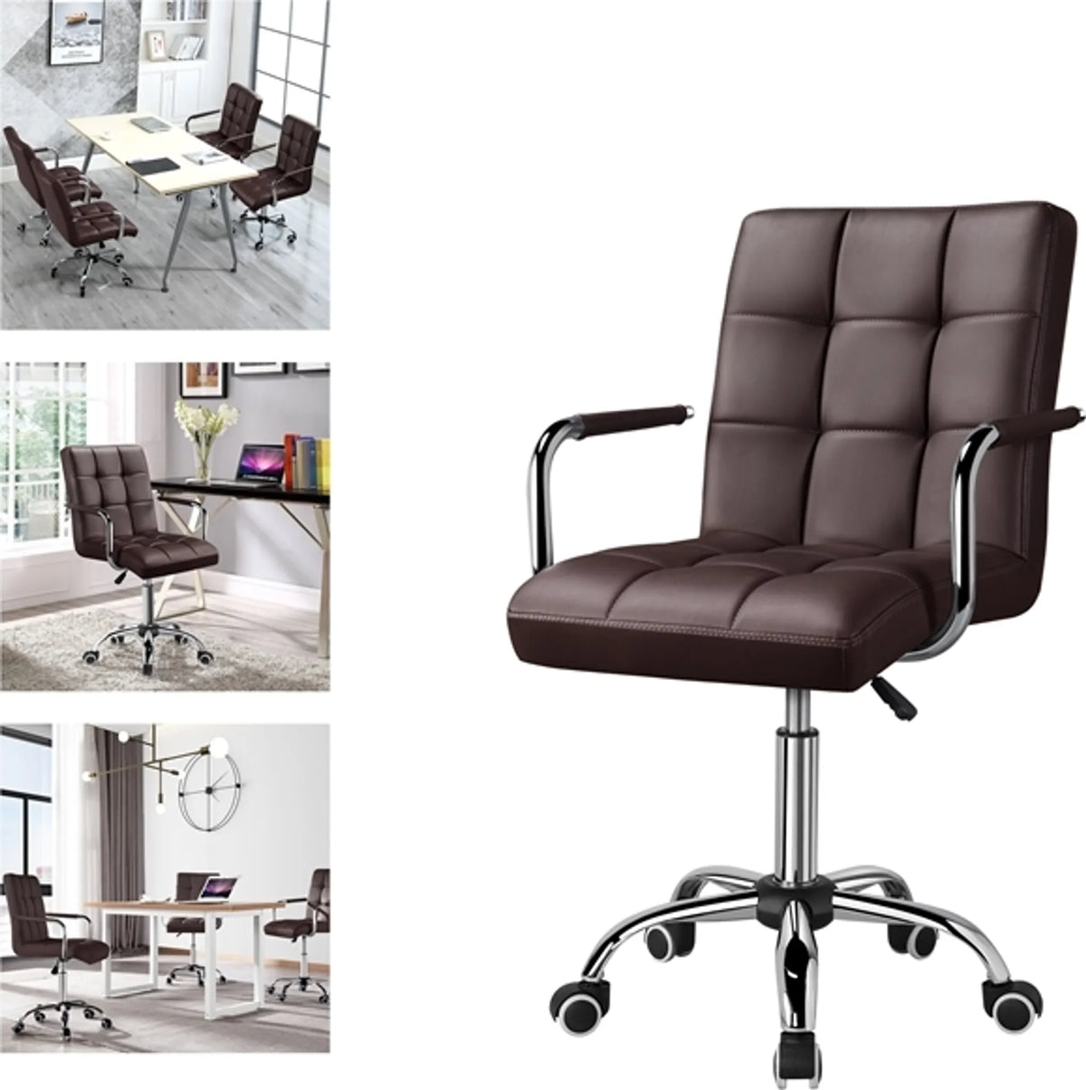 Yaheetech Chaise de bureau à hauteur d'assise réglable - 55 x 60,5 x 86,5-102 cm - équipée d'un rembourrage en mousse confortable, de roulettes insonorisantes et d'une structure en métal galvanisé - pour le bureau et la maison - en similicuir marron et