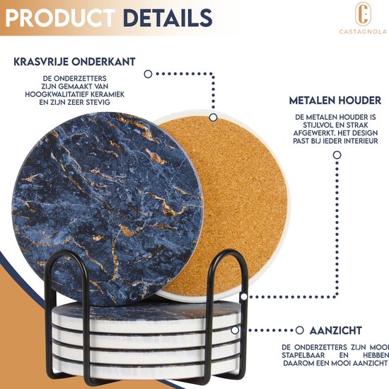 Castagnola Sous-verres en céramique avec support - Sous-verres pour verres - Sous-verres design - Sous-verres - Sous-verres à boire - Céramique - Liège - Lot de 6 - Bleu/doré