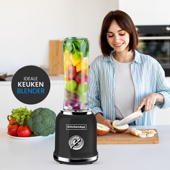 KitchenApp Blender to go - Mixeur rétro - Smoothie maker - Comprend deux tasses et de nombreux accessoires - Noir