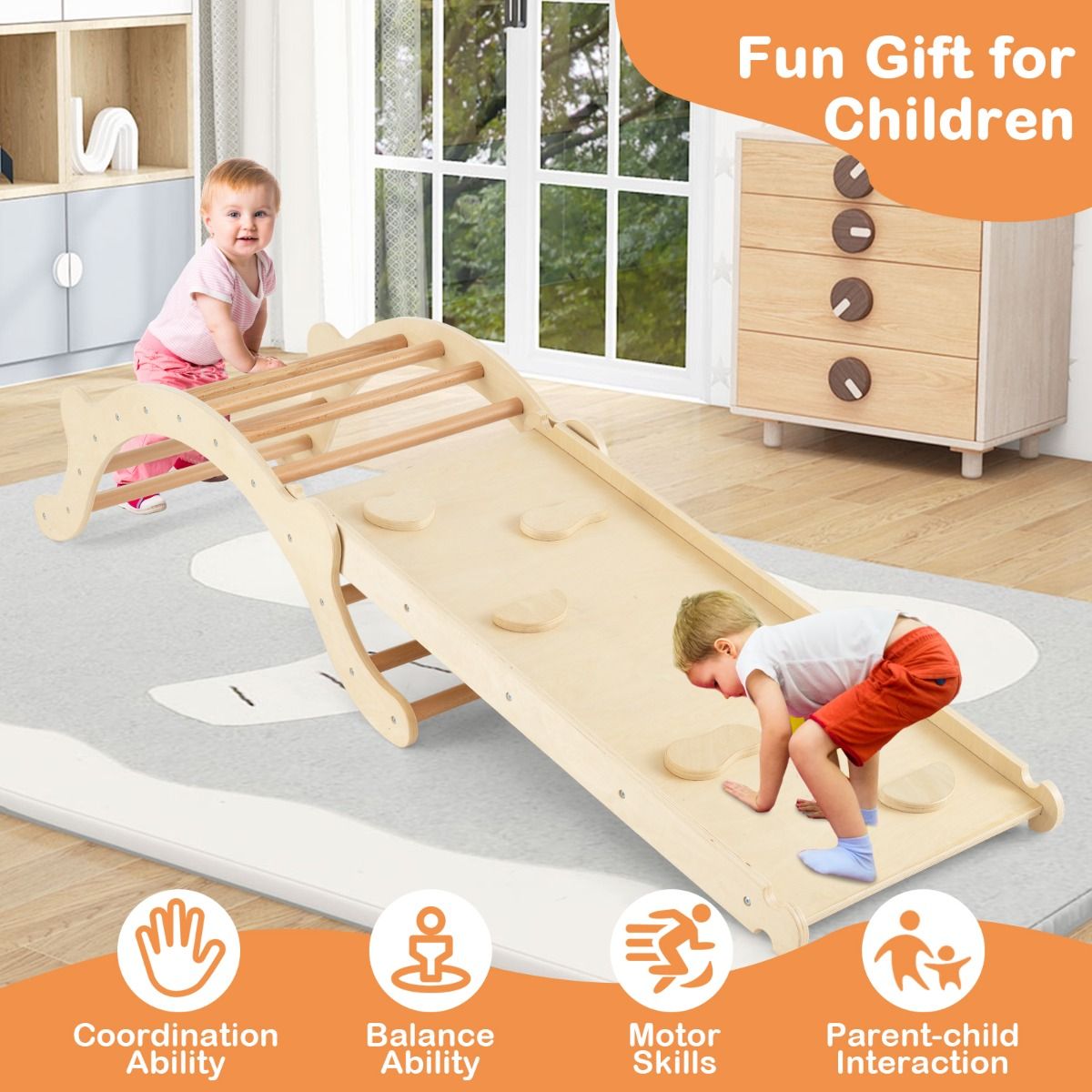 Coast 3-in-1 échelle à grimper en bois avec arc, toboggan et tapis - 116 x 50 x 39 cm - Naturel