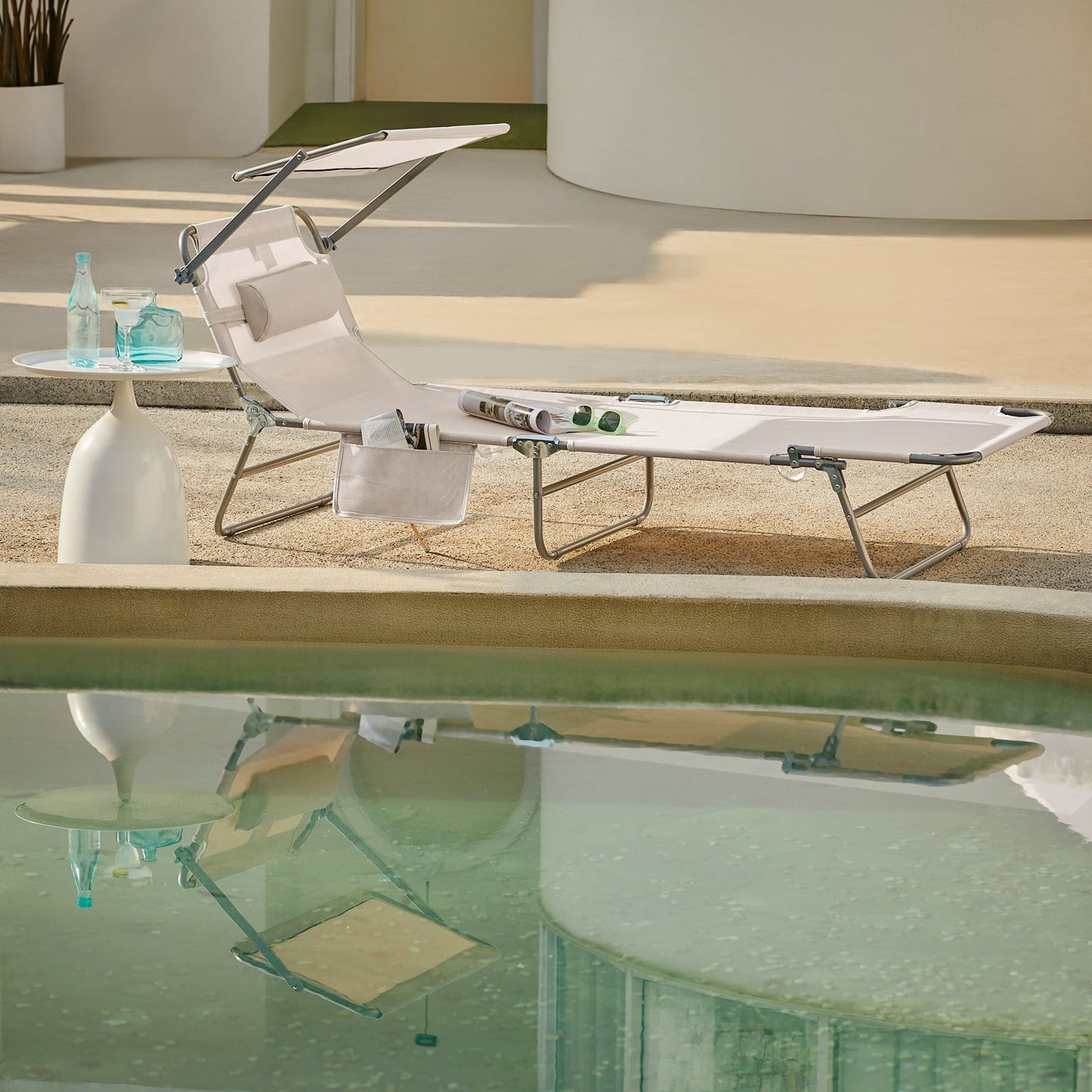 SoBuy Chaise longue avec pare-soleil - Pliable - Max. 120 kg - 195 x 63 x 30 cm - Beige