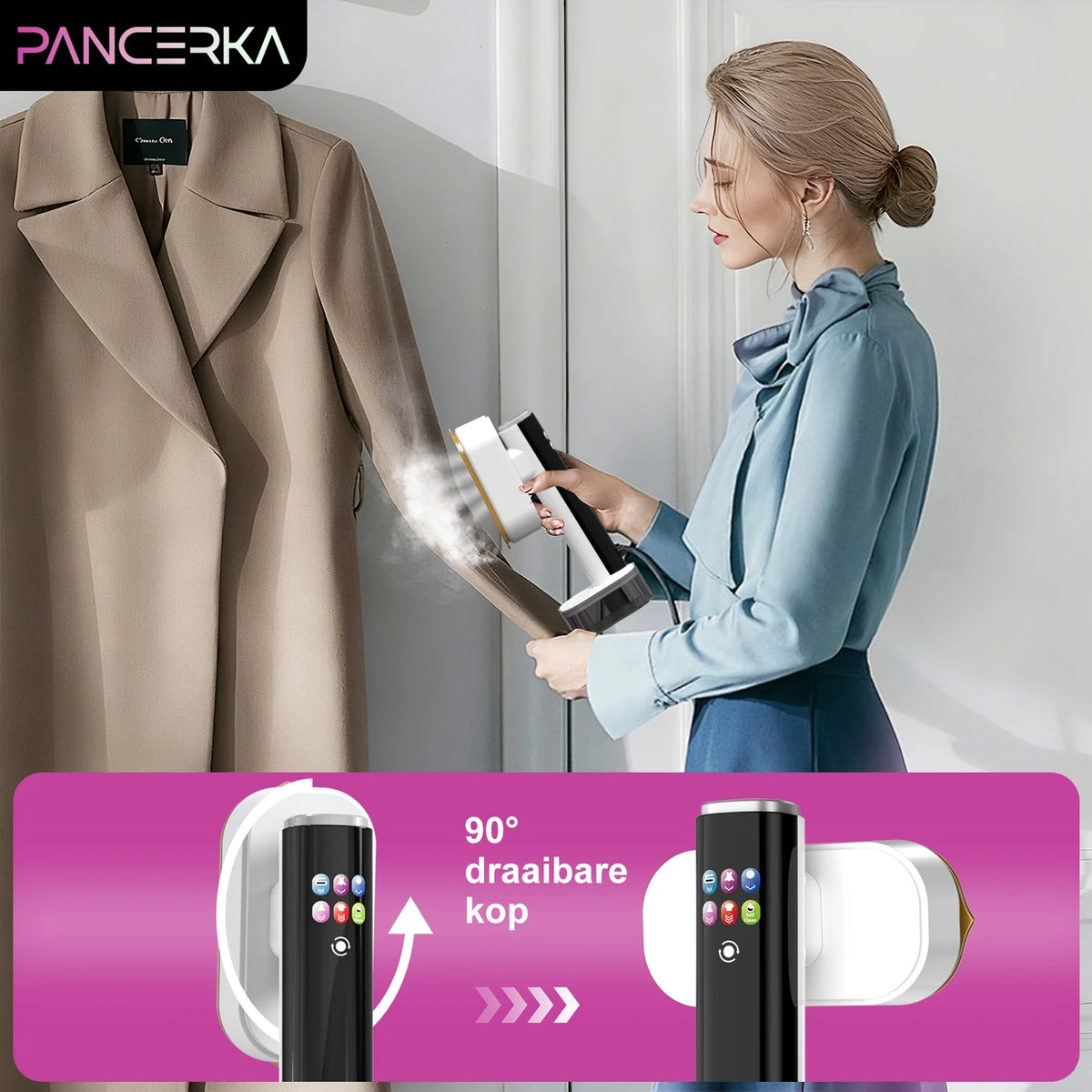 Pancerka 2-en-1 : défroisseur et fer à repasser - Prêt en 18 secondes - 5 réglages avec écran numérique - Noir/Blanc