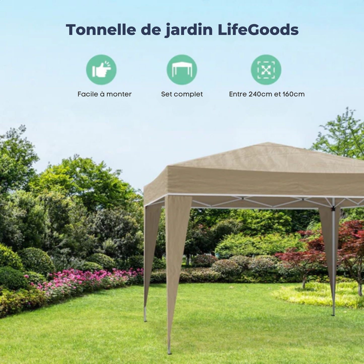 Tonnelle de jardin - LifeGoods - Pavillon - Tente de fête - 3x3 m - Montage facile - Pliable - Avec sac de transport - Beige