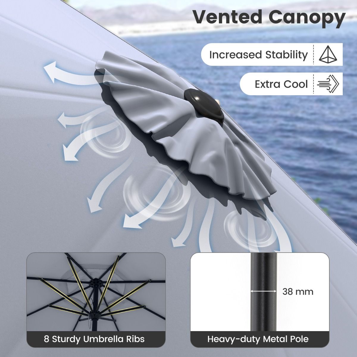 Coast Terrace Parasol 270 cm Grey - Parasol inclinable avec manivelle et toit ventilé