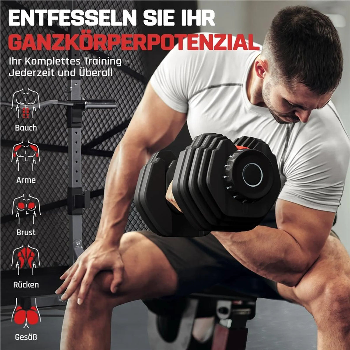 Ensemble d'haltères réglables Yaheetech 2,5-24 kg - Réglage rapide 15 en 1 - Noir/Rouge - 42 x 21,5 x 22 cm