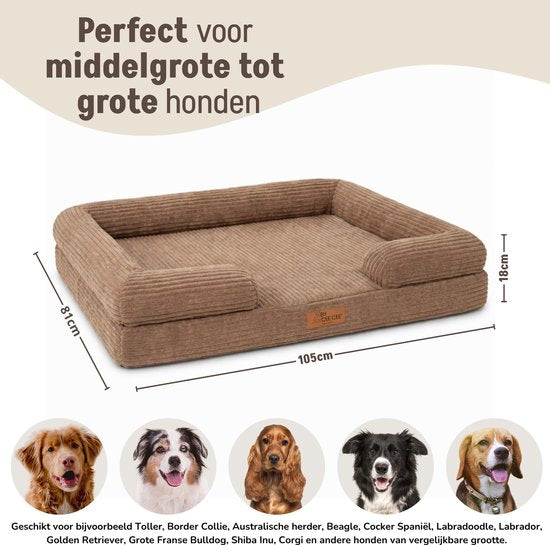 Lit orthopédique pour chien By Cee Cee – Lit pour chien – Tissu à nervures – Pour chiens de taille moyenne – Marron – 108 x 81 cm – Moos