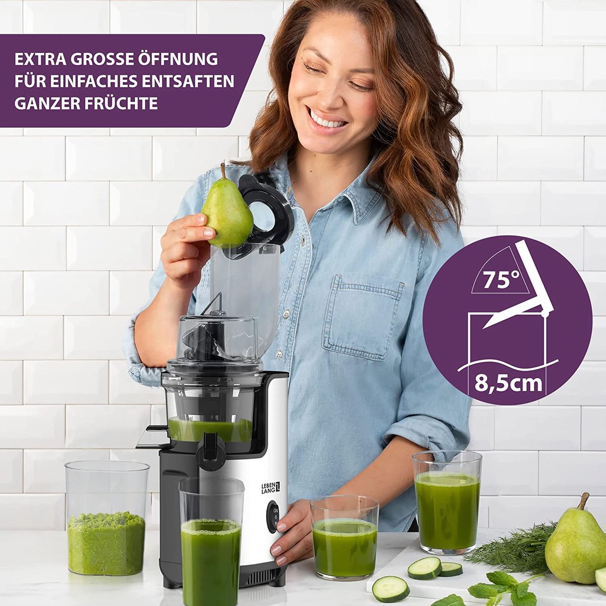 LEBENLANG Slow Juicer 45x35x25 cm - Gris - Presse-fruits et légumes sans BPA, presse-agrumes en céramique, presse-agrumes électrique pour céleri, carottes et smoothies