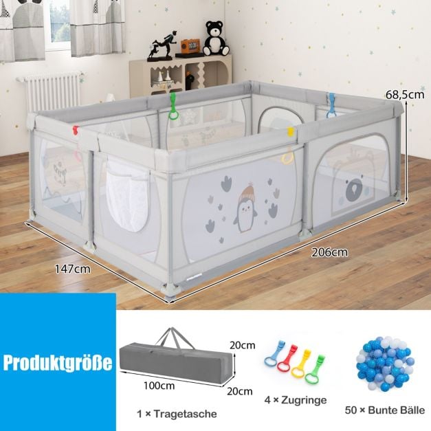 Coffre Coast Babybox avec 50 boules et 2 portes à fermeture éclair - Gris - 205 x 147 x 68,5 cm
