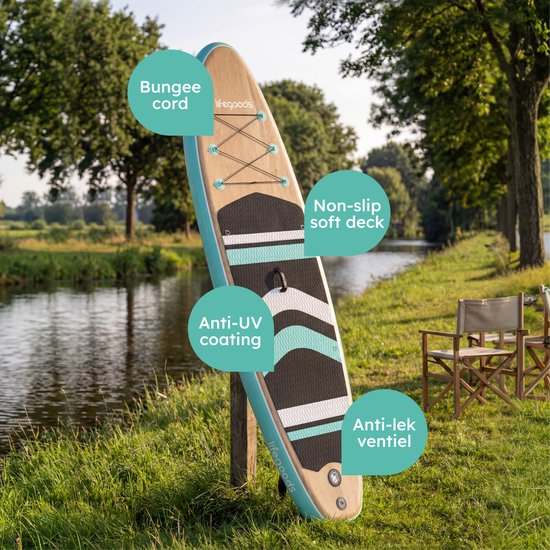 LifeGoods PaddlePro SUP Board - avec siège - Planche à pagaie gonflable - Ensemble complet - Max. 150KG - 320x81cm - Bois/Vert Menthe