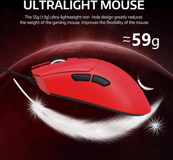 ATTACK SHARK R1 Superlight Gaming Mouse 59g - Rouge - 12.2 × 6.4 × 3.8 cm - Sans fil et filaire - Jusqu'à 18 000 DPI - 65 heures d'autonomie de la batterie