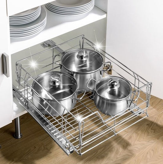 Tiroir Maxi, siège de rangement avec système de rails pour un espace de rangement supplémentaire, rangement et organisation dans toute la maison, 50 x 23 x 50 cm, acier chromé, argent brillant