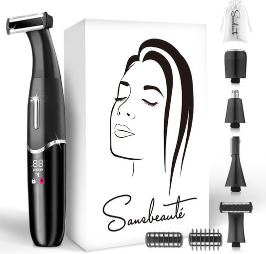Tondeuse maillot 4 en 1 + sac de voyage - Sansbeauté® - Visage - Aisselles - Jambes - Maillot - Tondeuse sourcils - Epilation visage Dames - Zone intime - Ladyshaves Bikini - Epilateur électrique