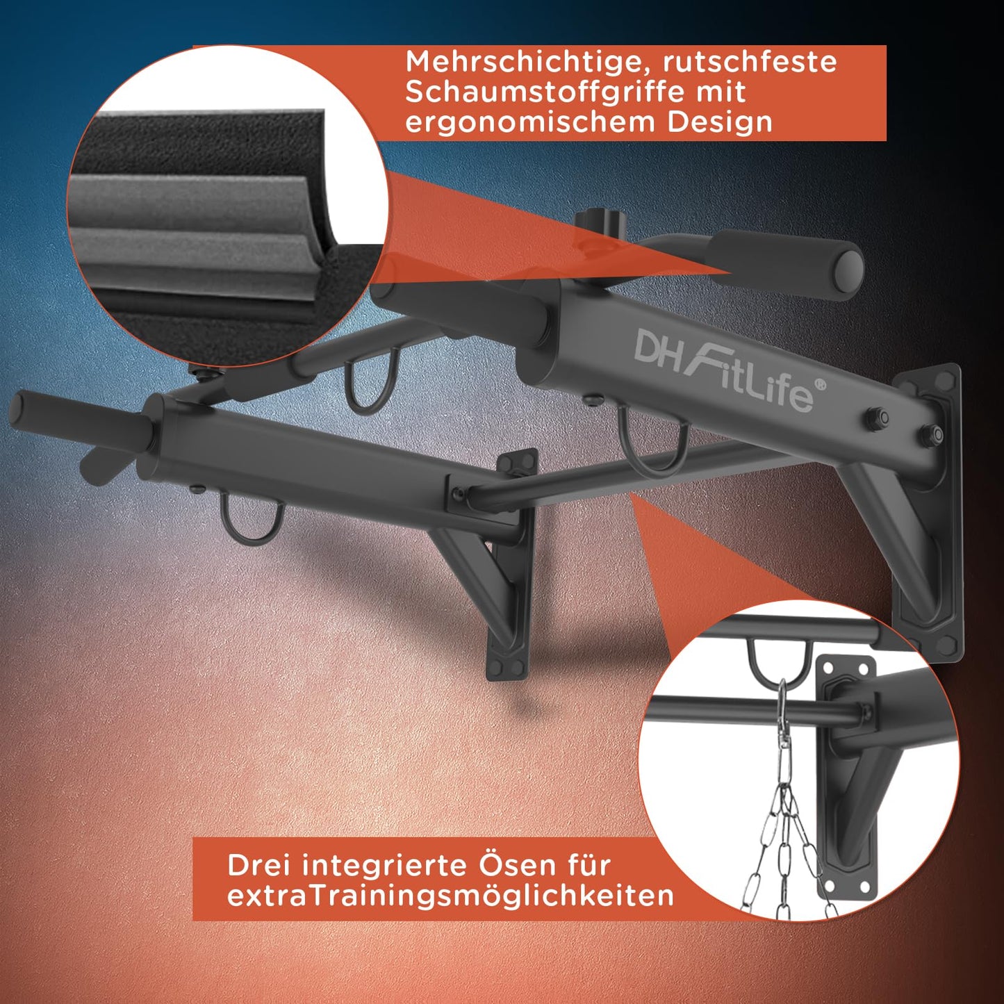 Barre de traction DH FitLife - 4 en 1 - Fixation murale - 200 kg - 100 x 26 cm - Noir