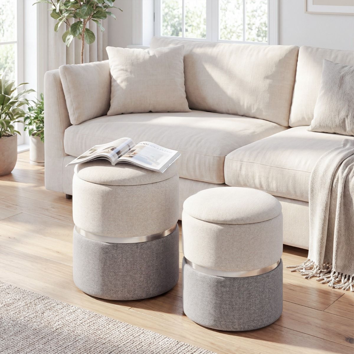 Ensemble de poufs de rangement Coast - lot de 2 poufs ronds - tissu en lin - anneau décoratif argenté - beige et gris