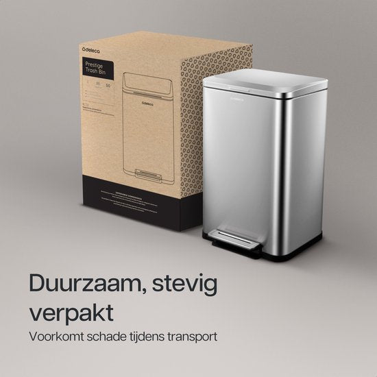 Deleca Trashcan Prestige - 50 Litres - Large - Poubelle / Corbeille à papier / Poubelle à pédale en acier inoxydable - Avec pédale et fermeture lente - Argent mat