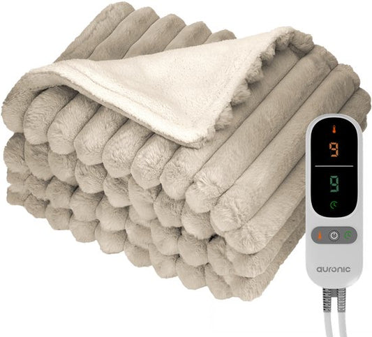 Couverture électrique Auronic - 200 x 180cm - 2 personnes - Couverture chauffante - 3 niveaux de chaleur - Peluche - Couverture chauffante - Taupe