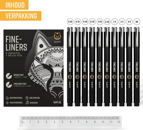 NAPI 10 Fineliners Noirs avec Stylo Pinceau et Règle - 0.2 à 3mm - Stylos Noirs - Accessoires Bullet Journal - Set de stylos à dessin