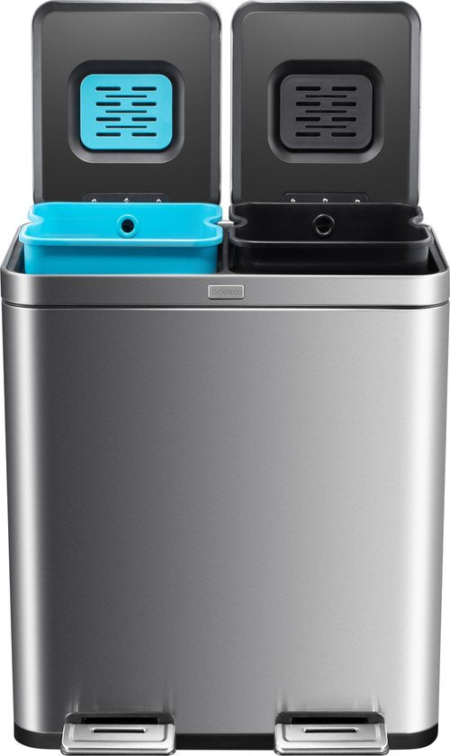 Deleca Recycle Waste Bin with 2 Compartments - 60 Liter (2x30) Waste Bin - Waste Separation / Deposit Container / Pedal Bin - Garbage Bin with FreshAura Odour Control - Slow Close - Stainless Steel Silver