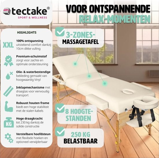tectake® - Table de massage avec matelas de 10 cm + sac de transport table de traitement table de massage - beige - banc de traitement - avec sac de rangement - pliable