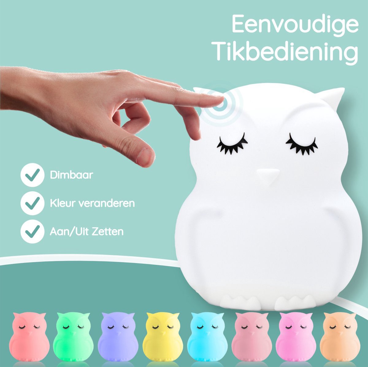 Veilleuse Sleepy Friends Children's Owl - Veilleuse Dimmable Bébé et Enfant - 8 Couleurs - Rechargeable par USB - Télécommande tactile - 95 x 97 x 100 mm - 169g