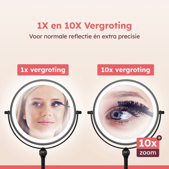 Miroir de maquillage Fraay® avec éclairage LED - Grossissement 10x - Miroir grossissant avec éclairage - Rechargeable - Miroir de rasage - Miroir de salle de bains - Noir