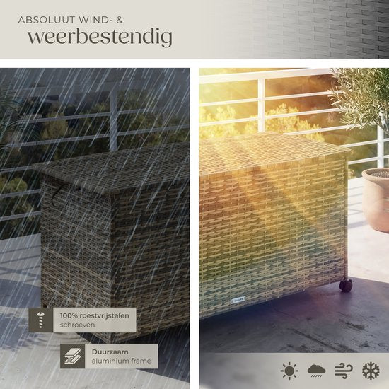 Boîte de rangement en osier tectake® - 253 L - Boîte à coussins d'extérieur - Coffre de jardin - 116 x 54 x 64 cm - Résistant aux intempéries et verrouillable avec couvercle - Mobile - Comprend 2 poignées, 2 roues avec frein et ressorts à gaz - Coffre de