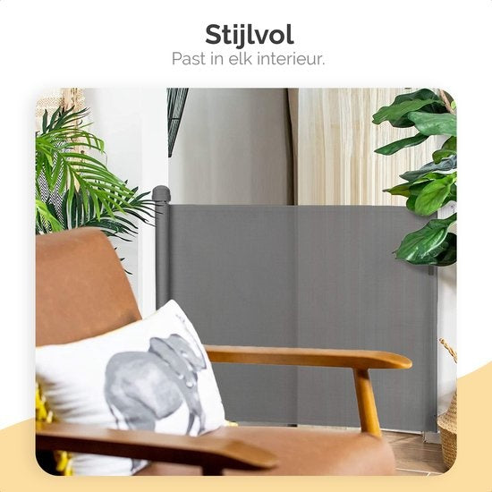 Barrière de sécurité enroulable - Goliving – Barrière pour enfants – Système Push & Turn – Largeur 10 à 150 cm – Cadre en aluminium – Maille grise