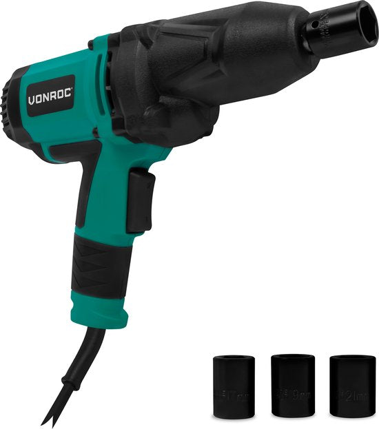 VONROC Clé à chocs 950W - 600Nm - Prise 1/2" - 4 douilles pour écrous incluses - Câble 4m - Poignée souple - convient pour le changement de pneus