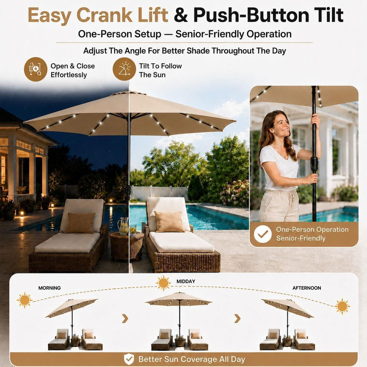 Parasol Yaheetech avec éclairage solaire - 32 LED - Ø 9 ft - couleur Tan