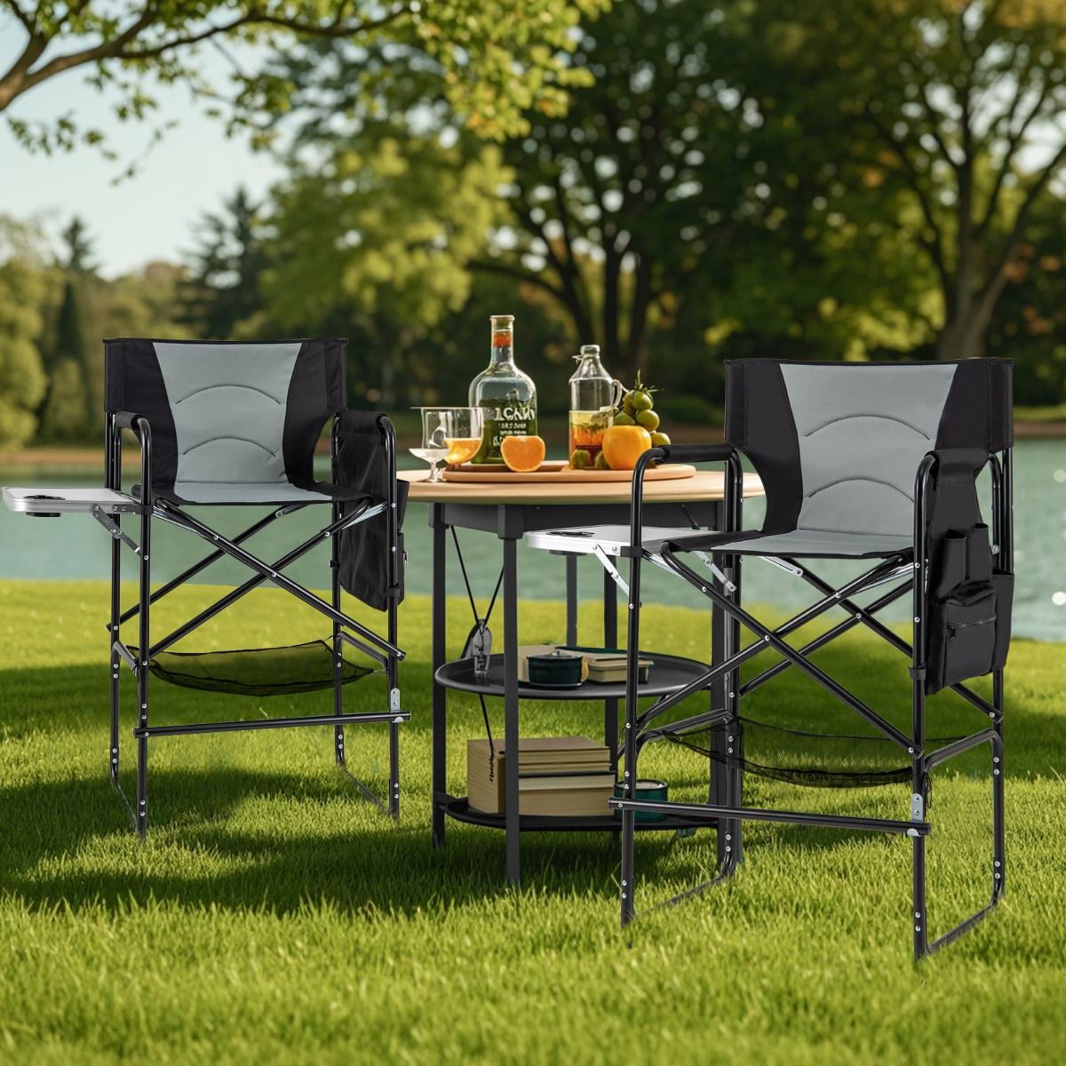 Chaise de camping Coast Chaise de directeur pliable avec table d'appoint, repose-pieds et compartiments de rangement - Noir/Gris - 65 x 53 x 116,5 cm