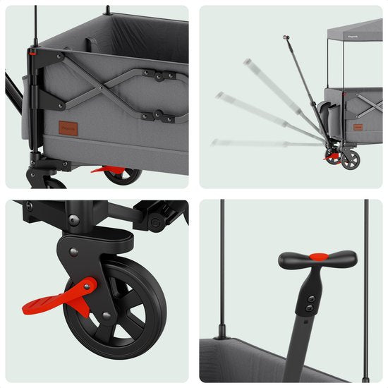 LifeGoods Wagon - pliable - transport d'enfants - avec toit - capacité de charge de 80 kg - chariot de plage - roues pivotantes - gris