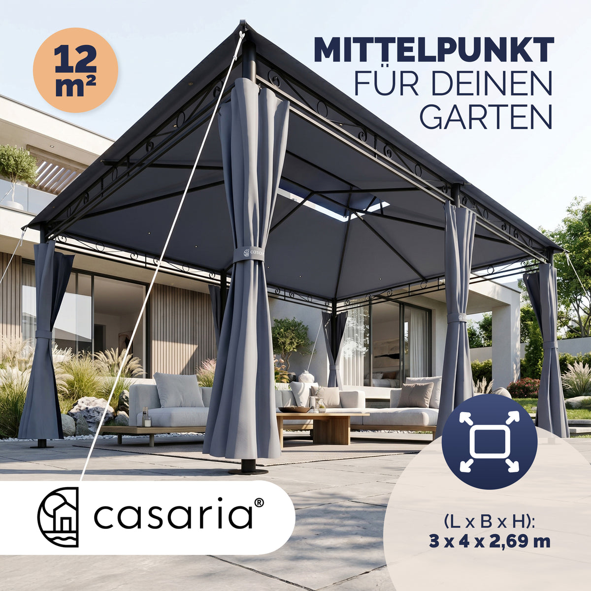Pavillon Casaria Topas 3 x 4 m - Avec parois latérales et toit ventilé - Protection UV 50+ - Structure en acier - Anthracite