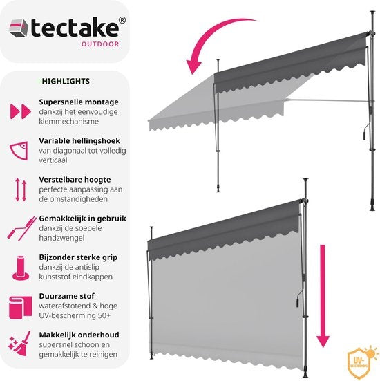 tectake - store à pinces - parasol - store - réglable - store à pinces - parasol balcon - 350 x 180 cm - noir gris - store - 404968