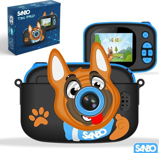 Caméra pour enfants Sanbo T31 Pro - Bleu / Noir - Inclut une carte SD de 32 Go et un lecteur - Caméra photo pour enfants - Vlogging - Caméra de jeu