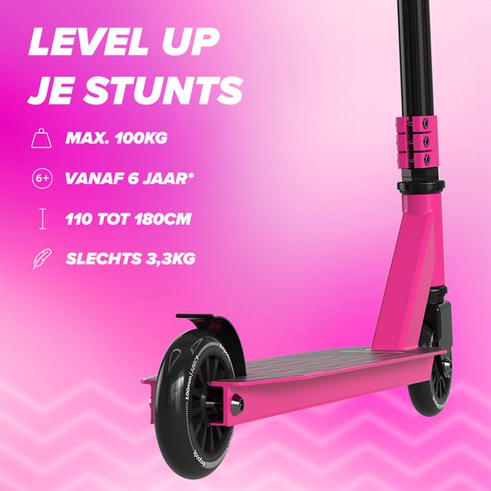 LifeGoods Stuntstep Fly X - 6+ Years - Marchepied pour enfants - Garçons/Filles - 100mm - 100KG - Noir/Rose