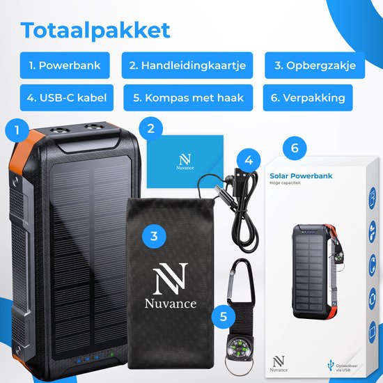 Powerbank solaire Nuvance 20 000 mAh - Chargeur rapide 22,5 W - USB-C et USB-A - 4 câbles intégrés - Powerbank sans fil 15 W - Kit d'urgence - Powerbank à énergie solaire
