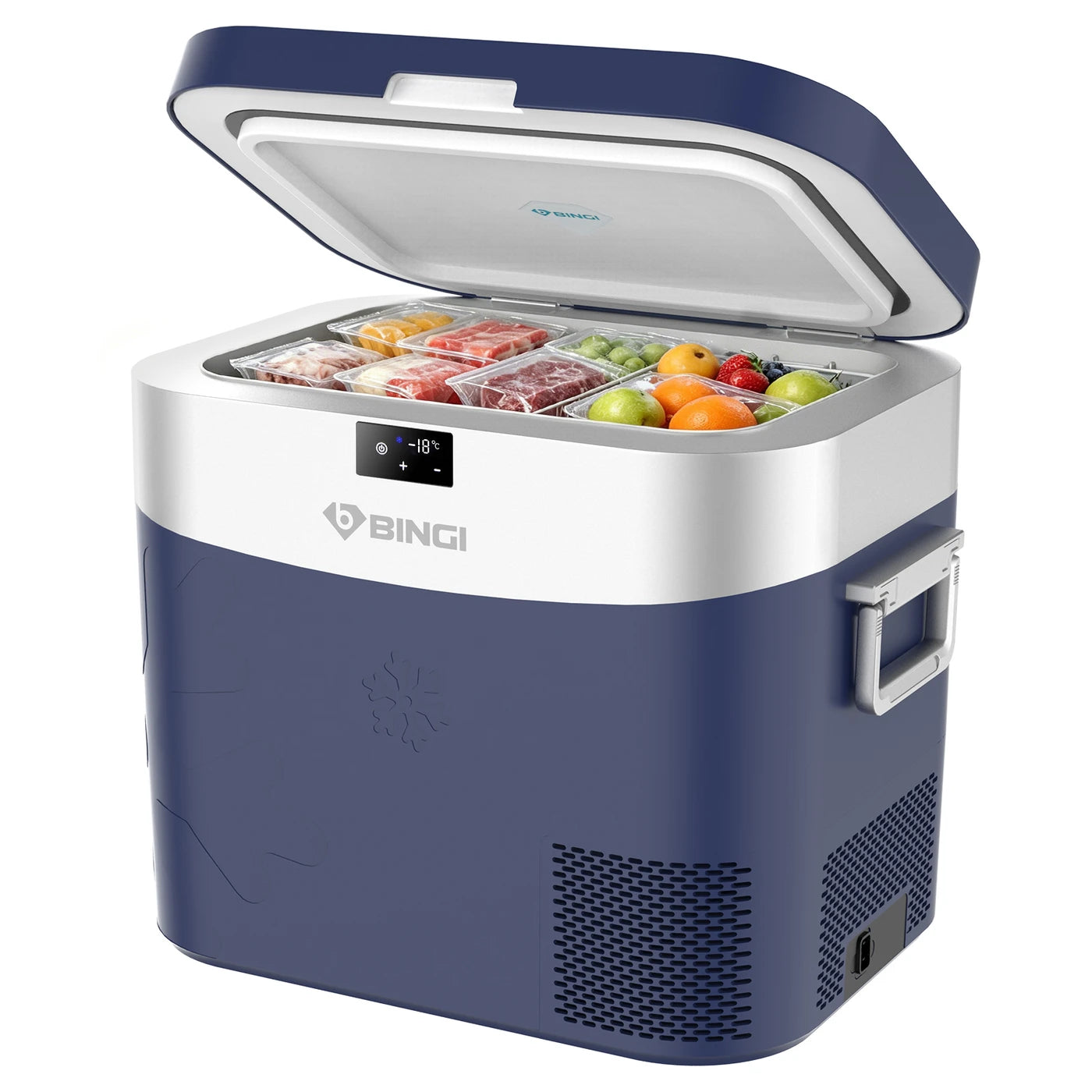 Glacière portable à compresseur BINGI 22 L – 12/24 V CC – Refroidissement rapide – Camping-car, camion et camping – Bleu