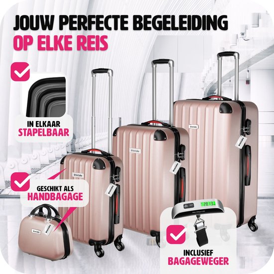 tectake® - Coffret de voyage 4 pièces comprenant valise trolley et pèse-bagages, roues 360°, valise rigide avec serrure à combinaison, grande valise, empilable, valise à main trolley - rosegold