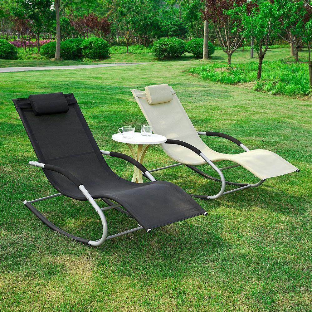 Chaise longue à bascule SoBuy - Avec coussin - Cadre métal - Résistante aux intempéries - Capacité 120 kg - Max. 150 kg - Noir