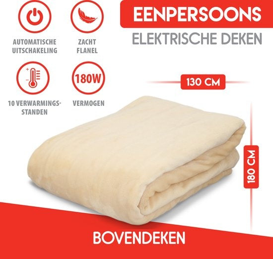 Couverture électrique Alpina Chauffage électrique 1 personne Flanelle avec minuterie 10 niveaux de chaleur 130x180 cm Beige