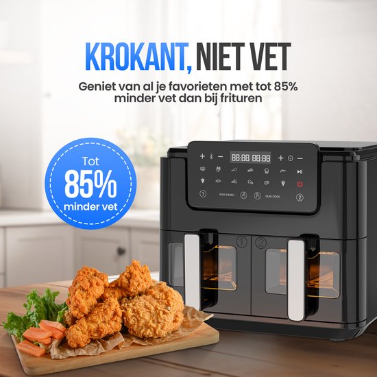 Strex Airfryer XXL - 10L - 2500W - Friteuse à air chaud - Double Airfryer - 50ºC à 200ºC - 10 programmes de cuisson - Noir