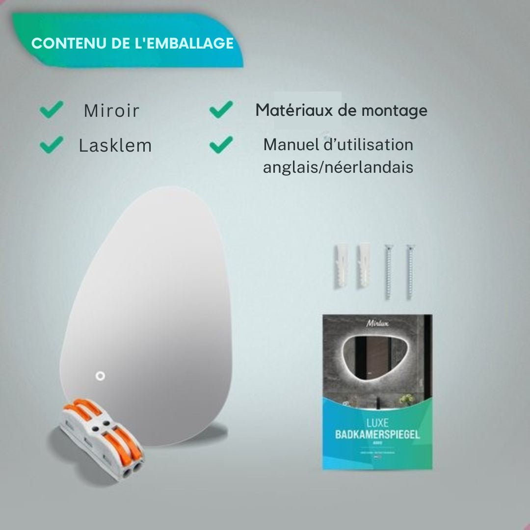 Miroir de salle de bain avec éclairage LED Mirlux - mural asymétrique - Forme organique - anti-condensation - 90x60CM