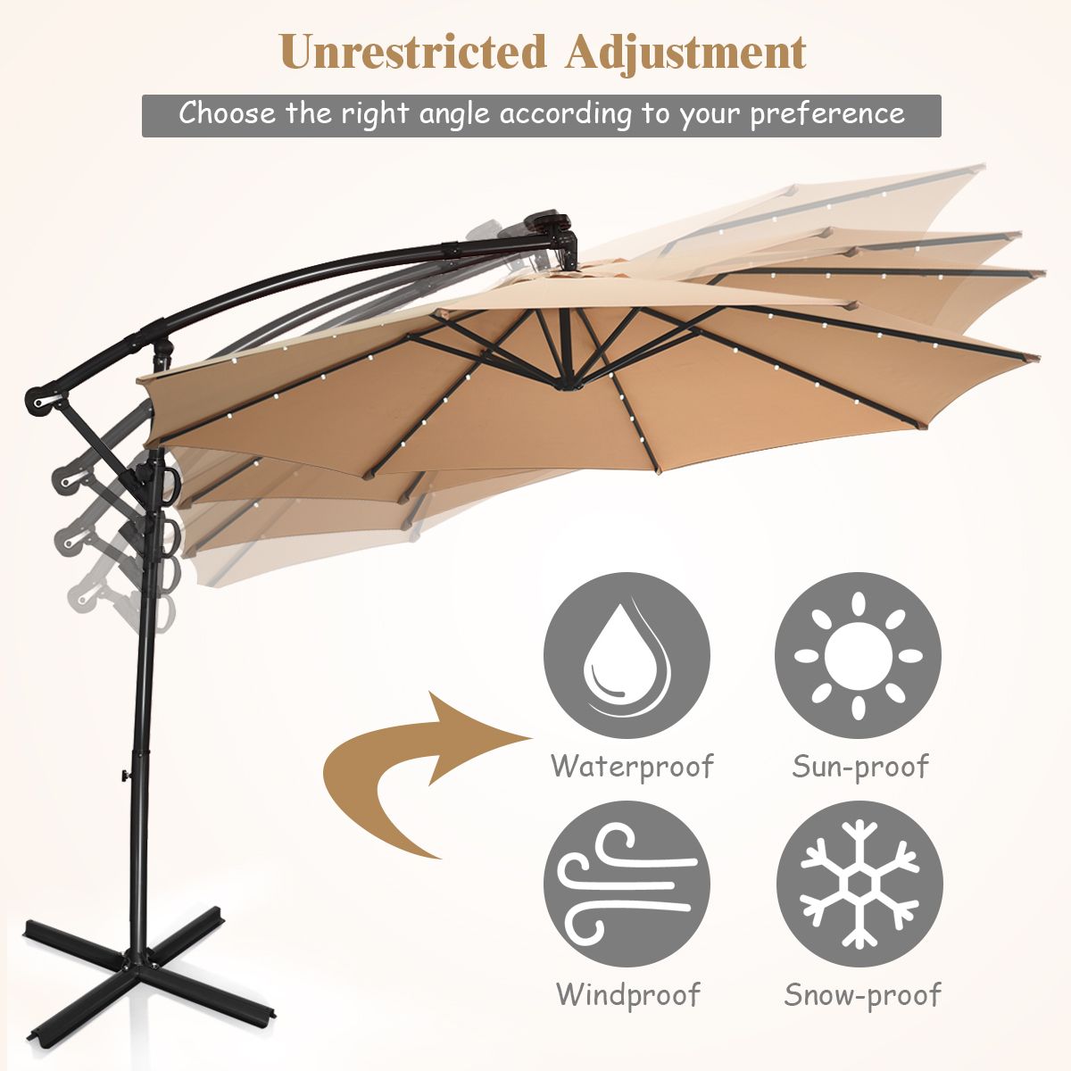 Parasol sur pied Coast avec éclairage LED - panneau solaire - orientable et inclinable - couleur café, 300 cm
